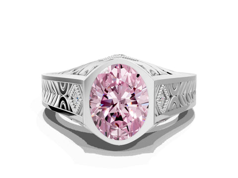 Platinum Hexagonal Bezel Fancy Pink Oval Cut Diamond Engraved Band Prong Ring_12