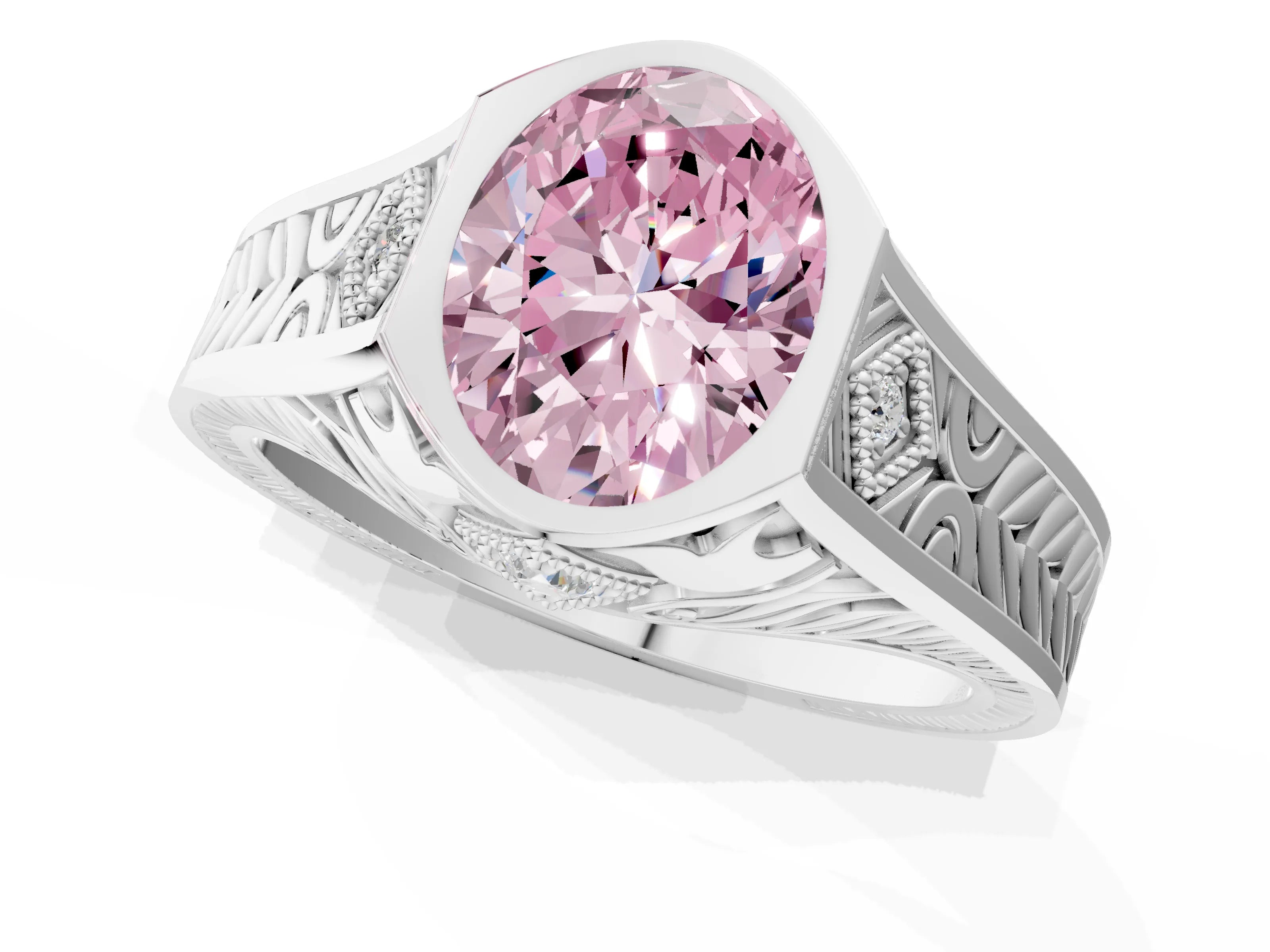 Platinum Hexagonal Bezel Fancy Pink Oval Cut Diamond Engraved Band Prong Ring_13