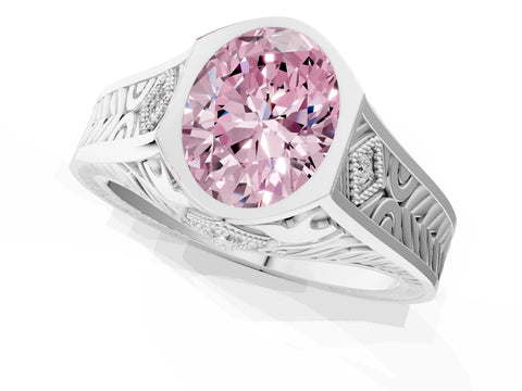 Platinum Hexagonal Bezel Fancy Pink Oval Cut Diamond Engraved Band Prong Ring_13