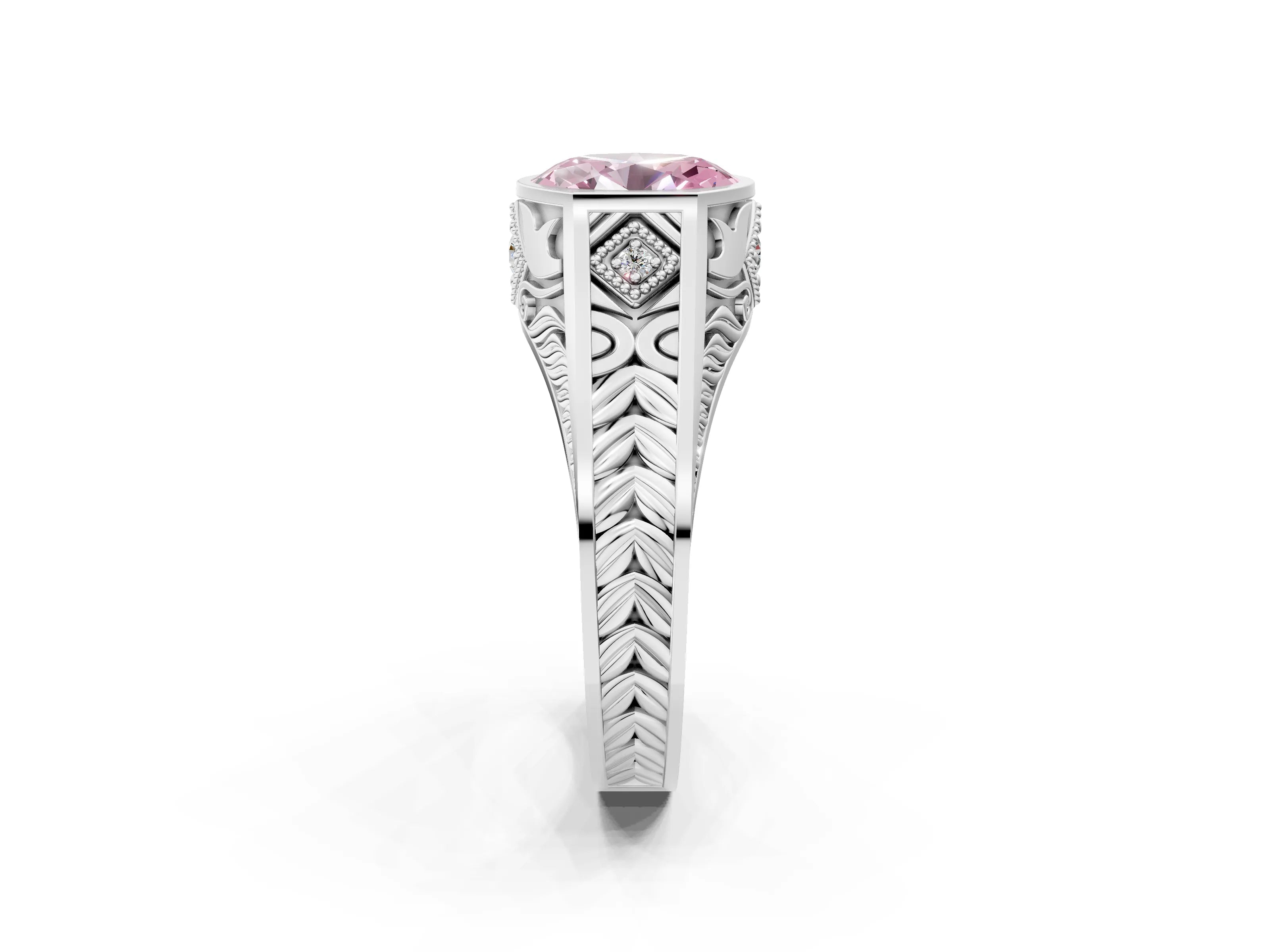 Platinum Hexagonal Bezel Fancy Pink Oval Cut Diamond Engraved Band Prong Ring_14