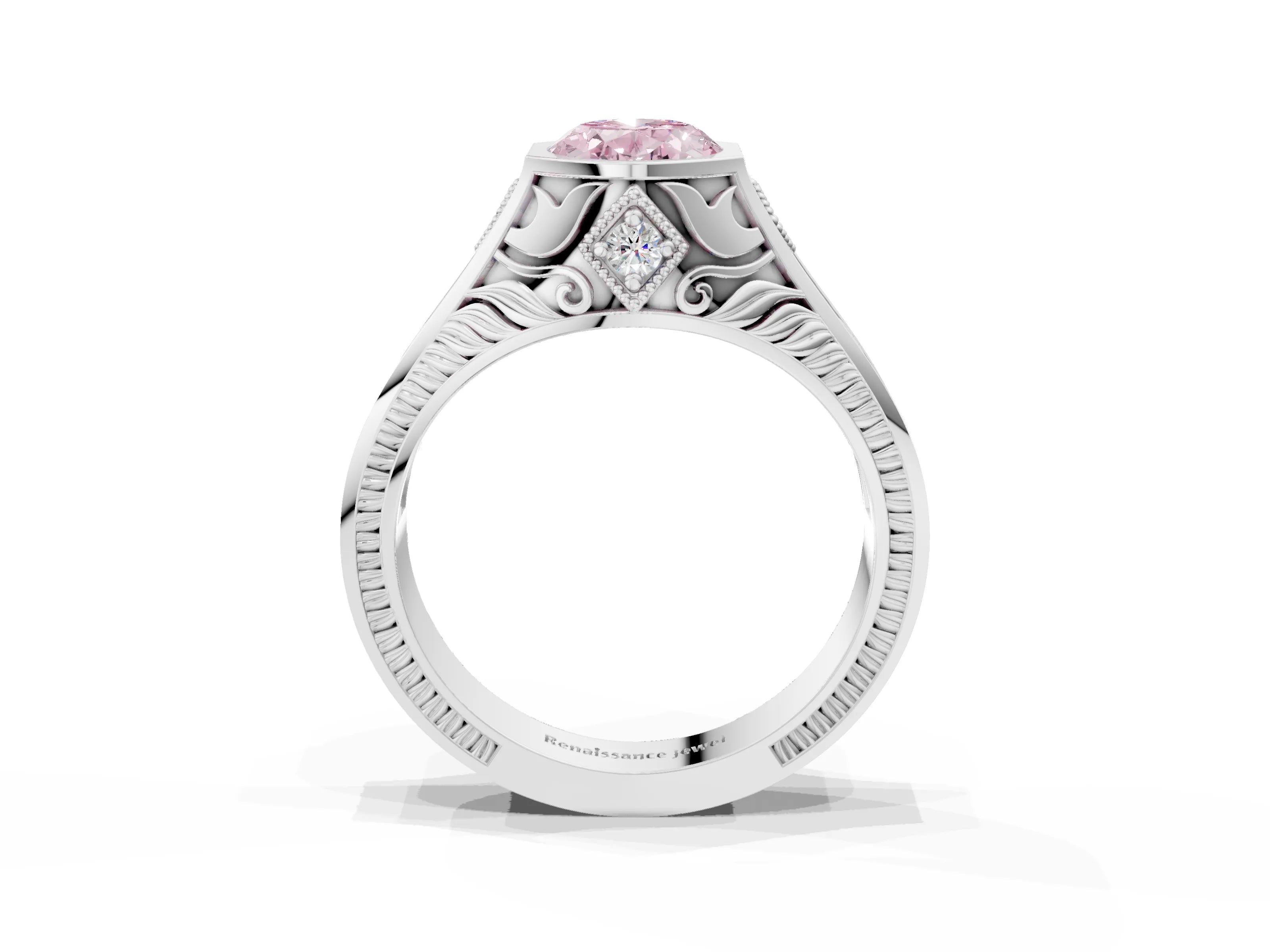 Platinum Hexagonal Bezel Fancy Pink Oval Cut Diamond Engraved Band Prong Ring_15