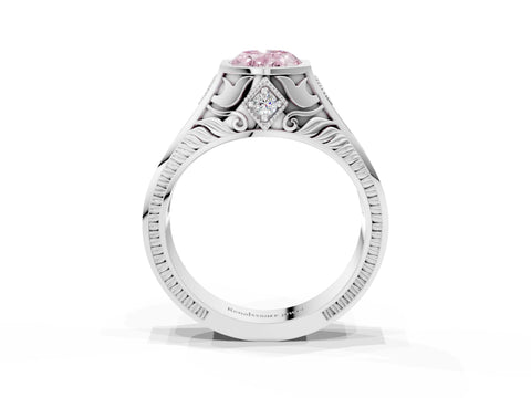 Platinum Hexagonal Bezel Fancy Pink Oval Cut Diamond Engraved Band Prong Ring_15