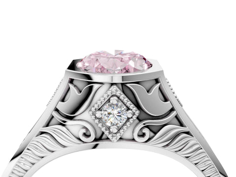 Platinum Hexagonal Bezel Fancy Pink Oval Cut Diamond Engraved Band Prong Ring_16