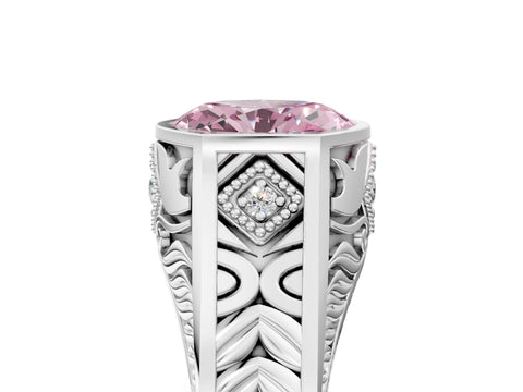 Platinum Hexagonal Bezel Fancy Pink Oval Cut Diamond Engraved Band Prong Ring_17