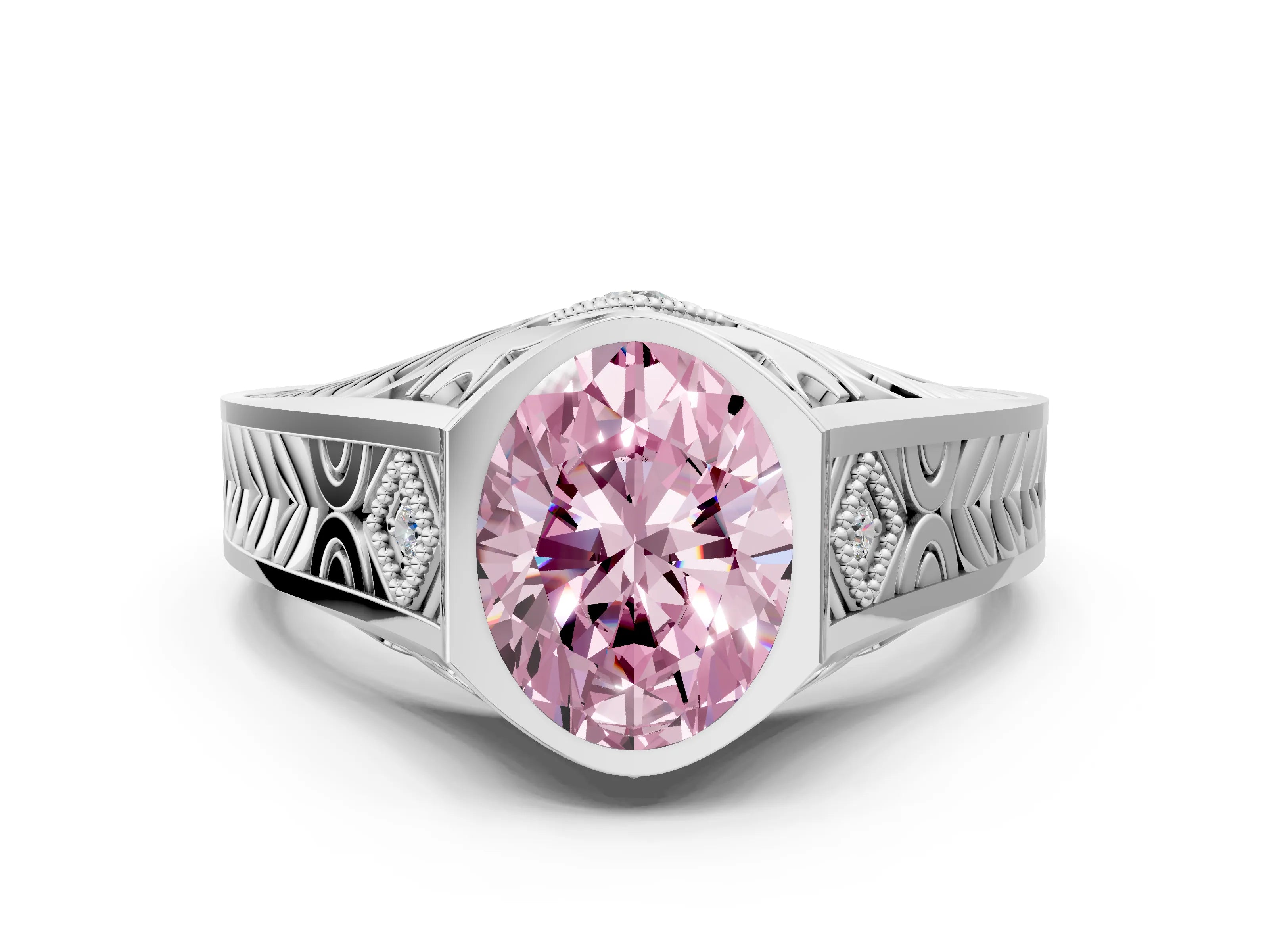 Platinum Hexagonal Bezel Fancy Pink Oval Cut Diamond Engraved Band Prong Ring_36