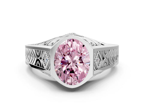 Platinum Hexagonal Bezel Fancy Pink Oval Cut Diamond Engraved Band Prong Ring_36