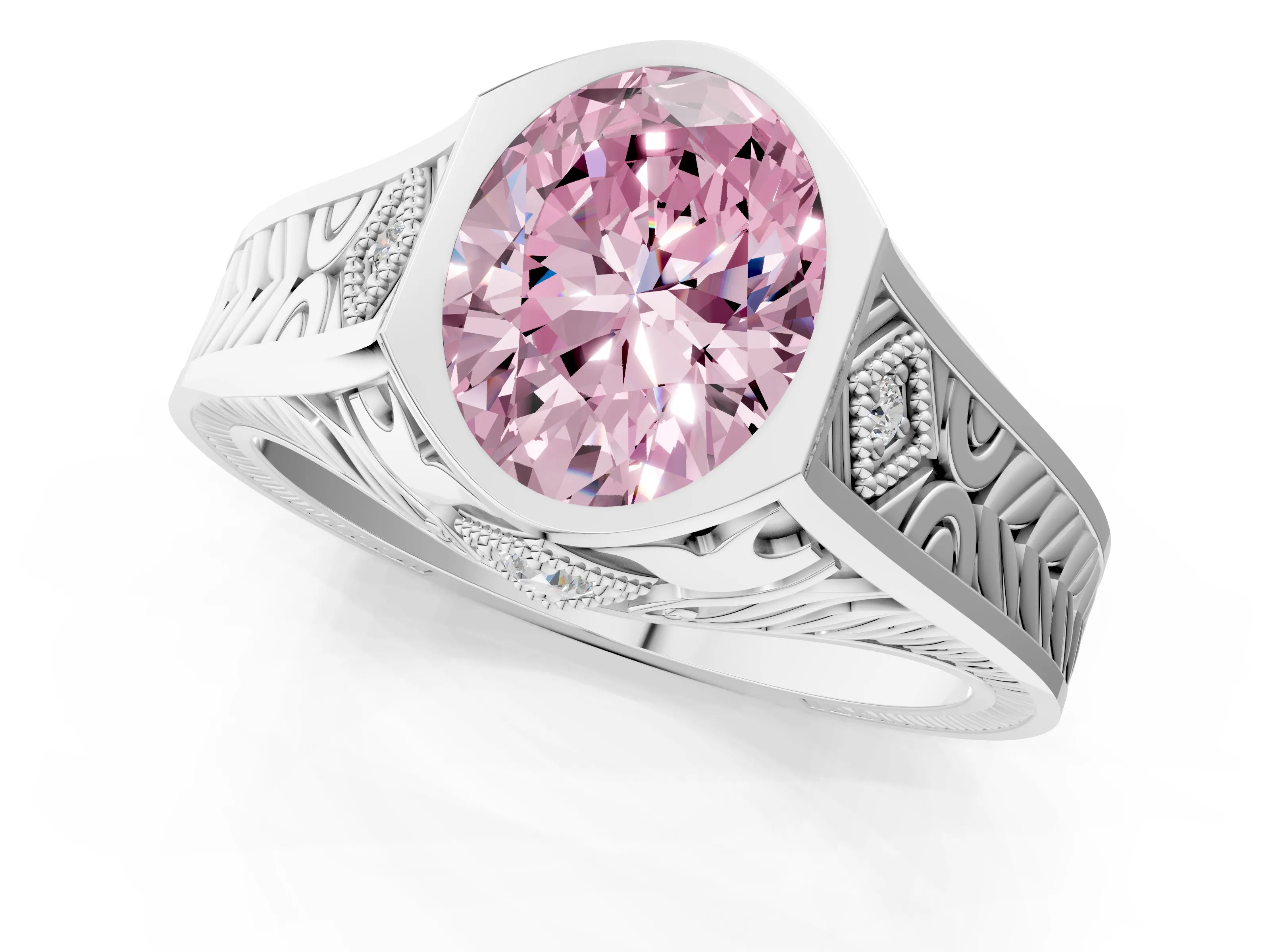 Platinum Hexagonal Bezel Fancy Pink Oval Cut Diamond Engraved Band Prong Ring_37
