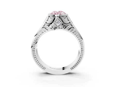 Platinum Hexagonal Bezel Fancy Pink Oval Cut Diamond Engraved Band Prong Ring_39
