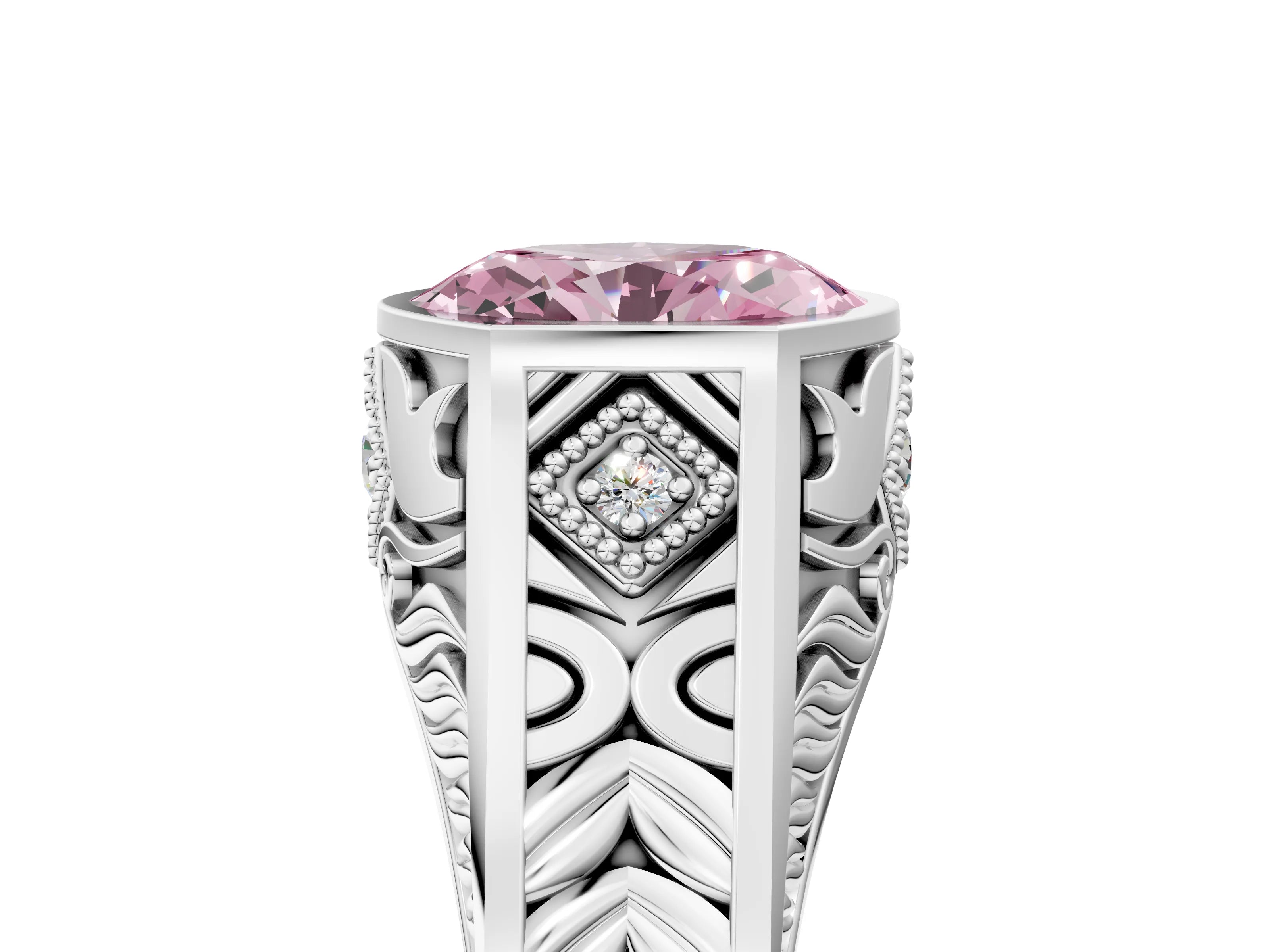 Platinum Hexagonal Bezel Fancy Pink Oval Cut Diamond Engraved Band Prong Ring_41