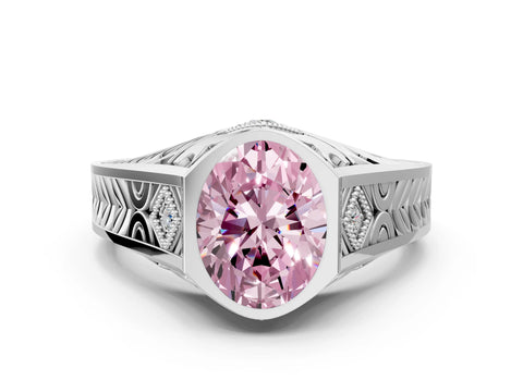 Platinum Hexagonal Bezel Fancy Pink Oval Cut Diamond Engraved Band Prong Ring_60