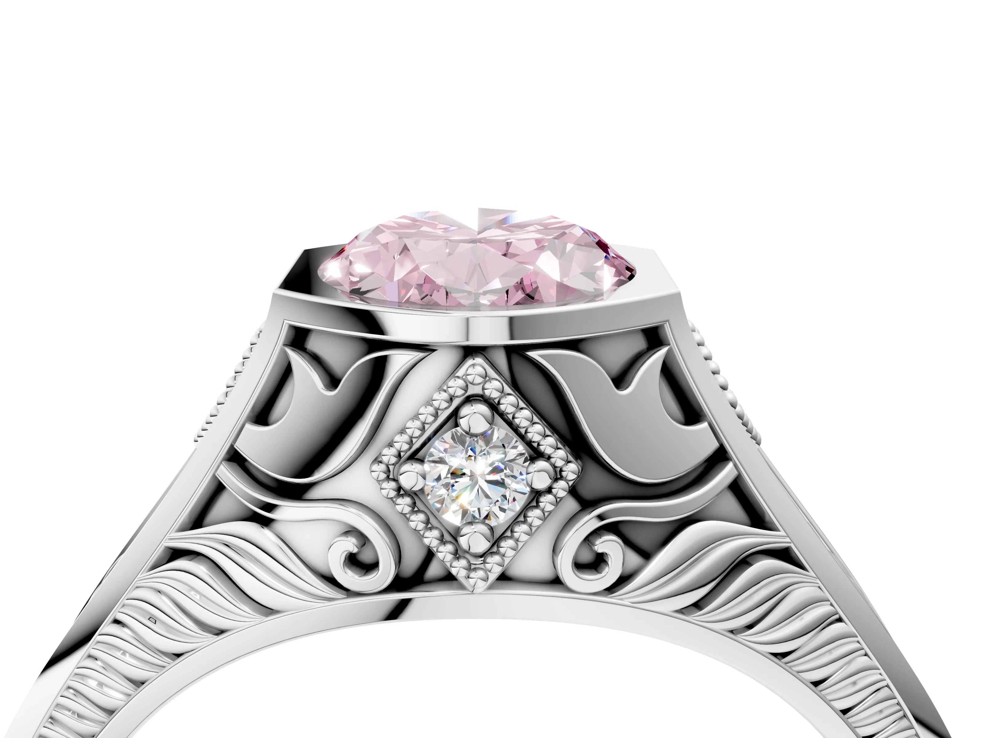 Platinum Hexagonal Bezel Fancy Pink Oval Cut Diamond Engraved Band Prong Ring_64