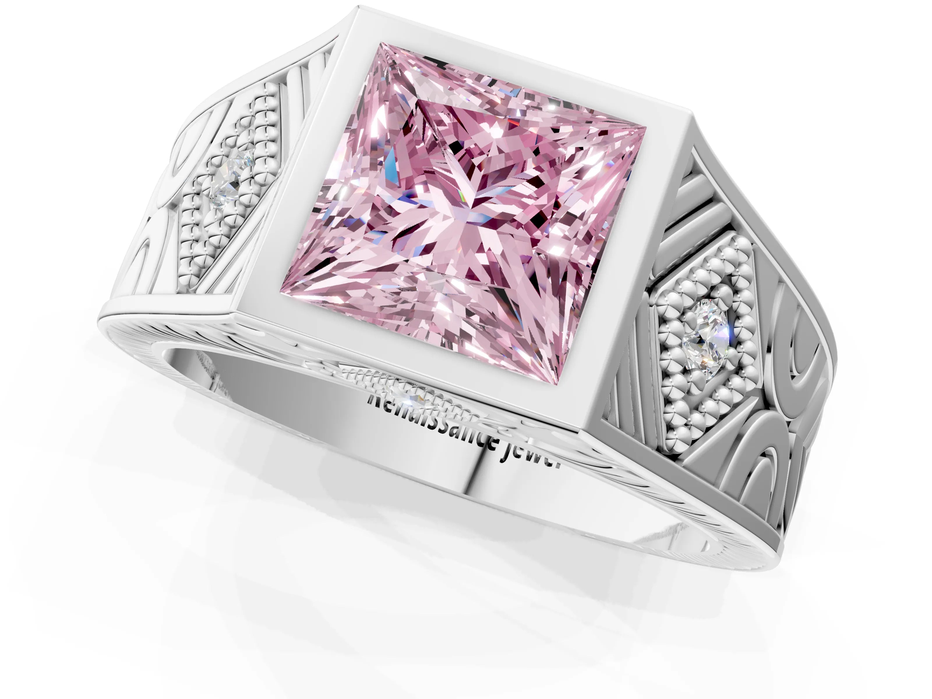 Platinum Hexagonal Bezel Fancy Pink Princess Cut Diamond Engraved Band Prong Ring_13