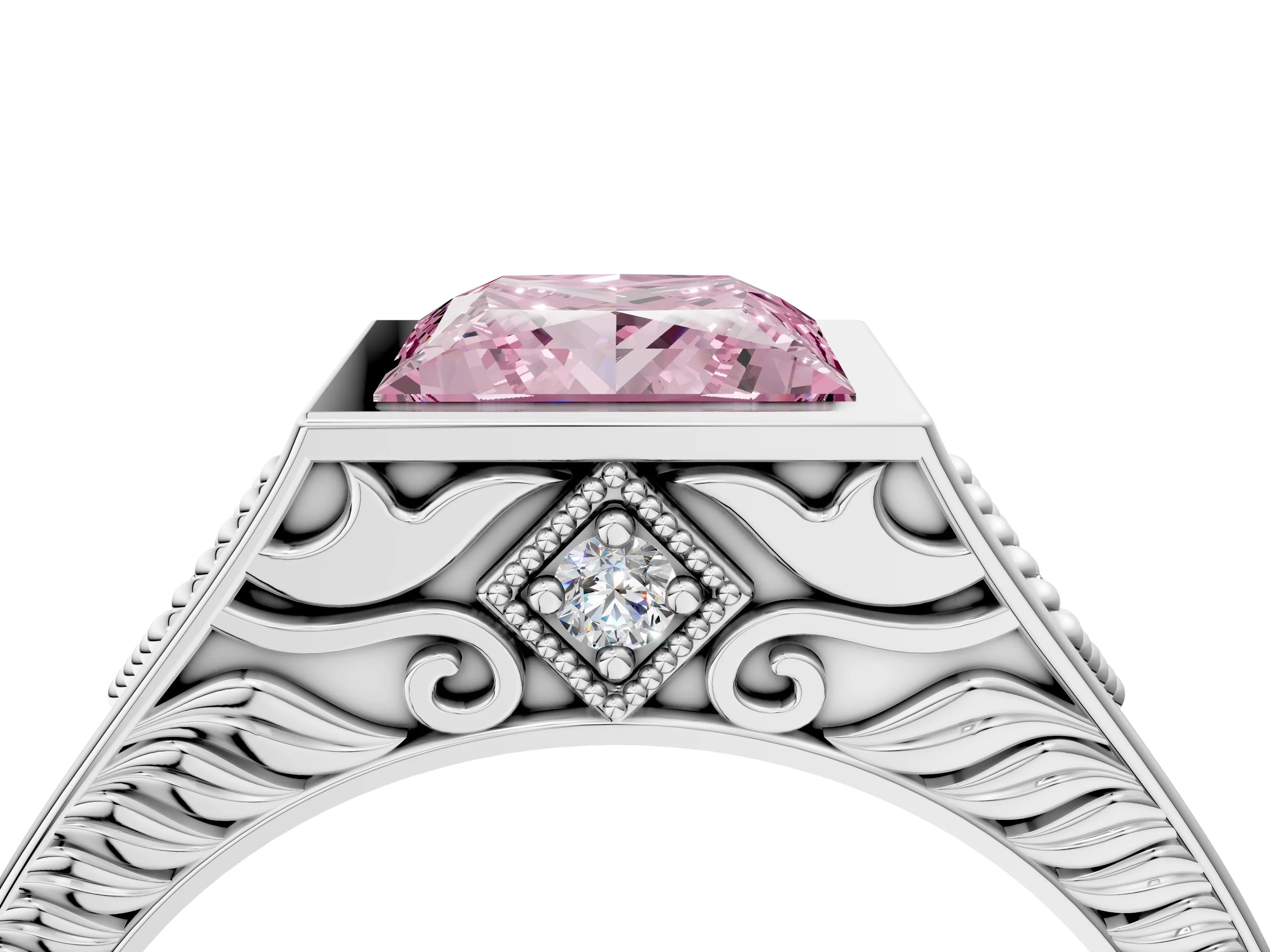 Platinum Hexagonal Bezel Fancy Pink Princess Cut Diamond Engraved Band Prong Ring_16