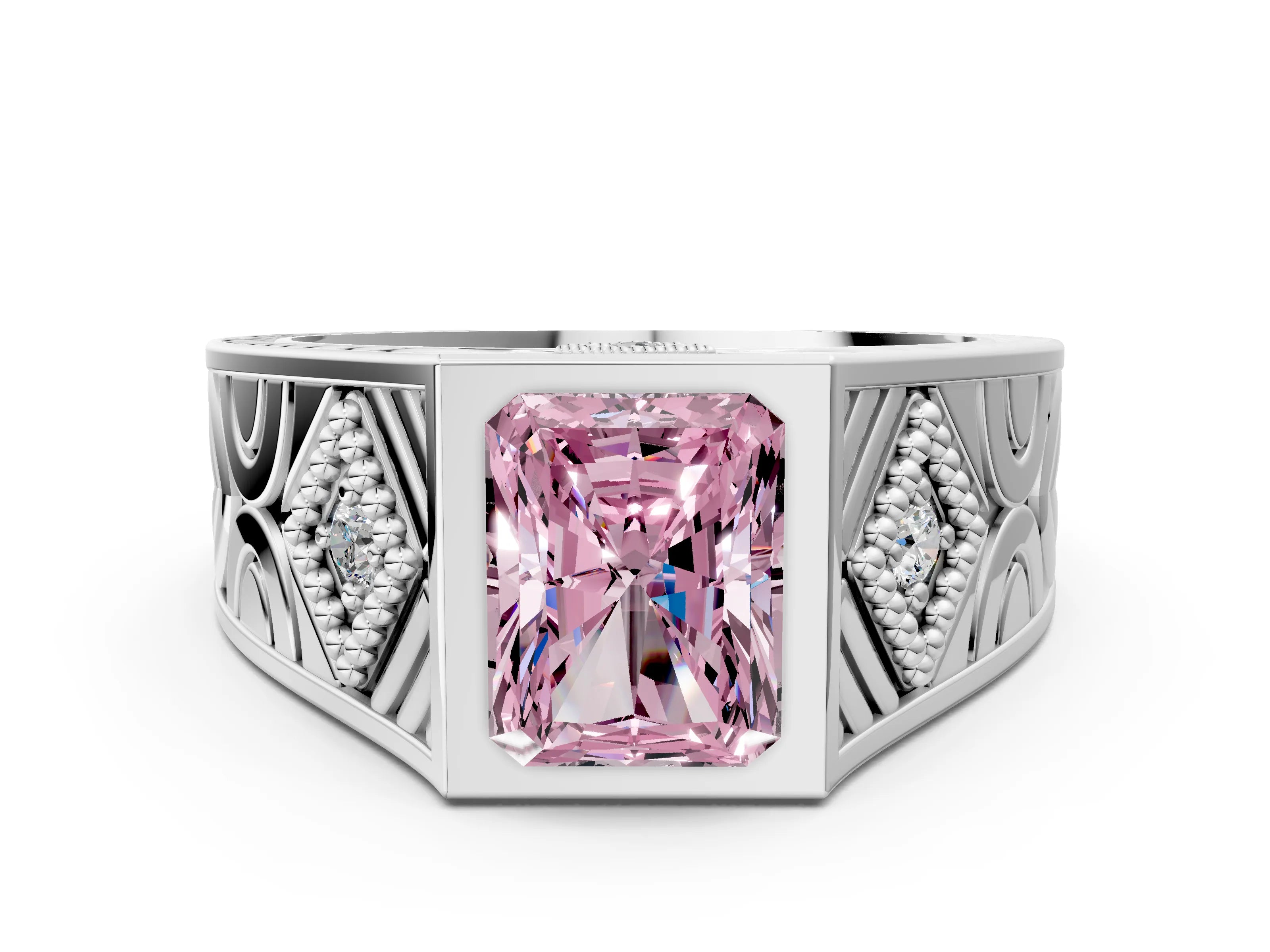 Platinum Hexagonal Bezel Fancy Pink Radiant Cut Diamond Engraved Band Prong Ring_12