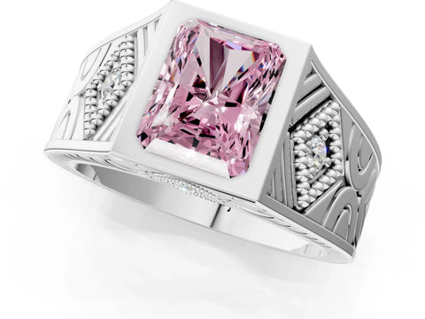 Platinum Hexagonal Bezel Fancy Pink Radiant Cut Diamond Engraved Band Prong Ring_13