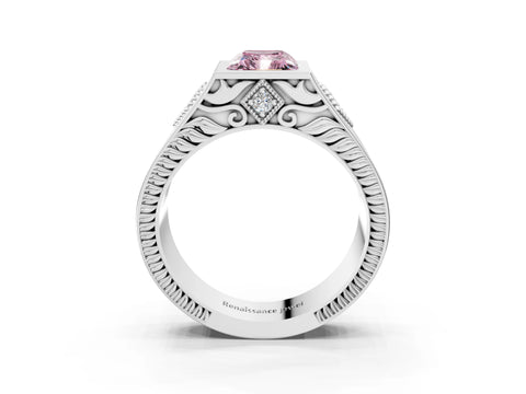 Platinum Hexagonal Bezel Fancy Pink Radiant Cut Diamond Engraved Band Prong Ring_15
