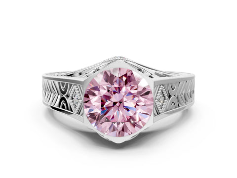 Platinum Hexagonal Bezel Fancy Pink Round Cut Diamond Engraved Band Prong Ring_83