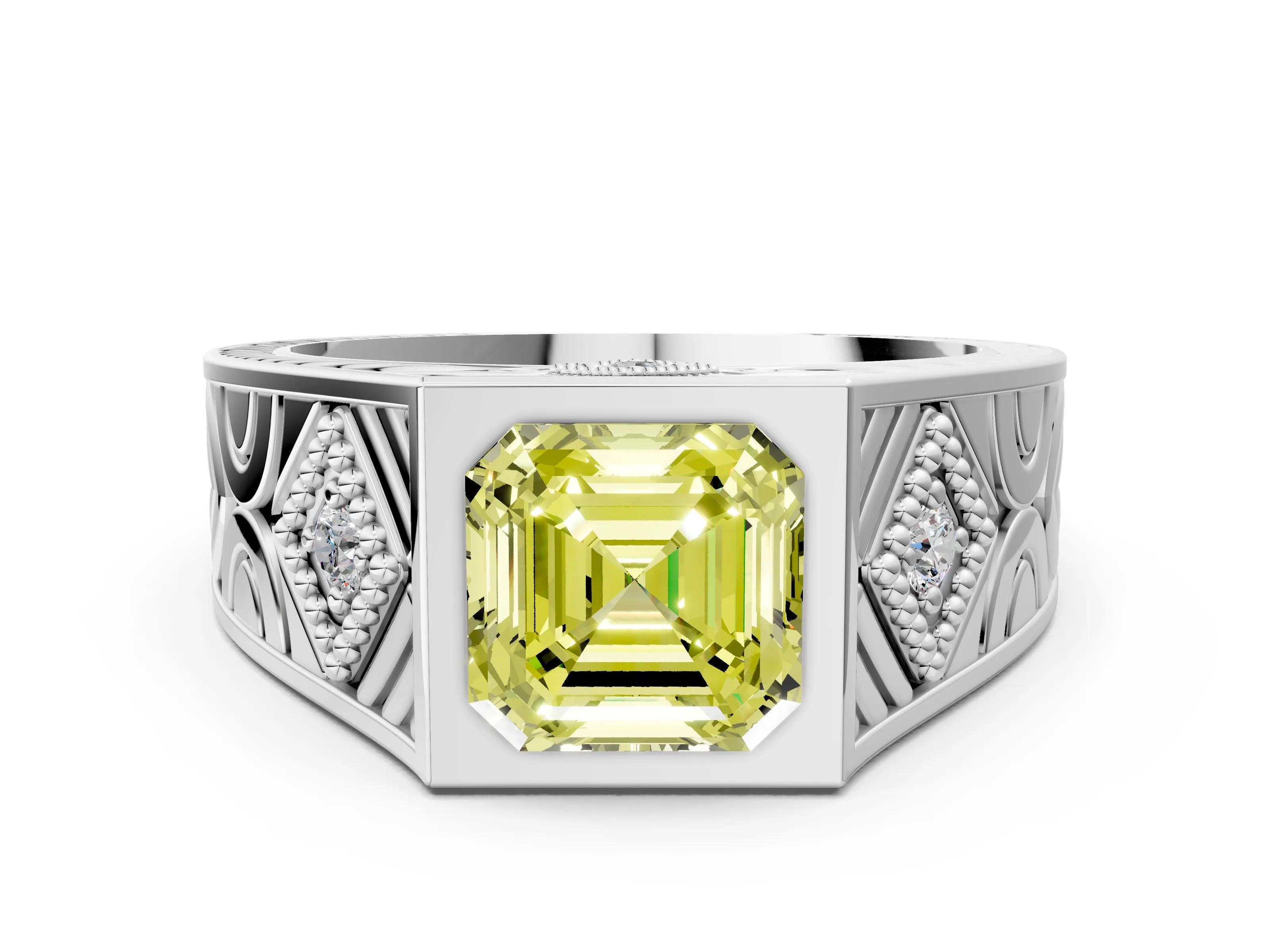 Platinum Hexagonal Bezel Fancy Yellow Asscher Cut Diamond Engraved Band Prong Ring_36