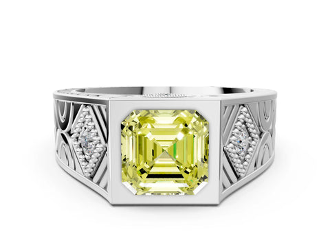 Platinum Hexagonal Bezel Fancy Yellow Asscher Cut Diamond Engraved Band Prong Ring_36