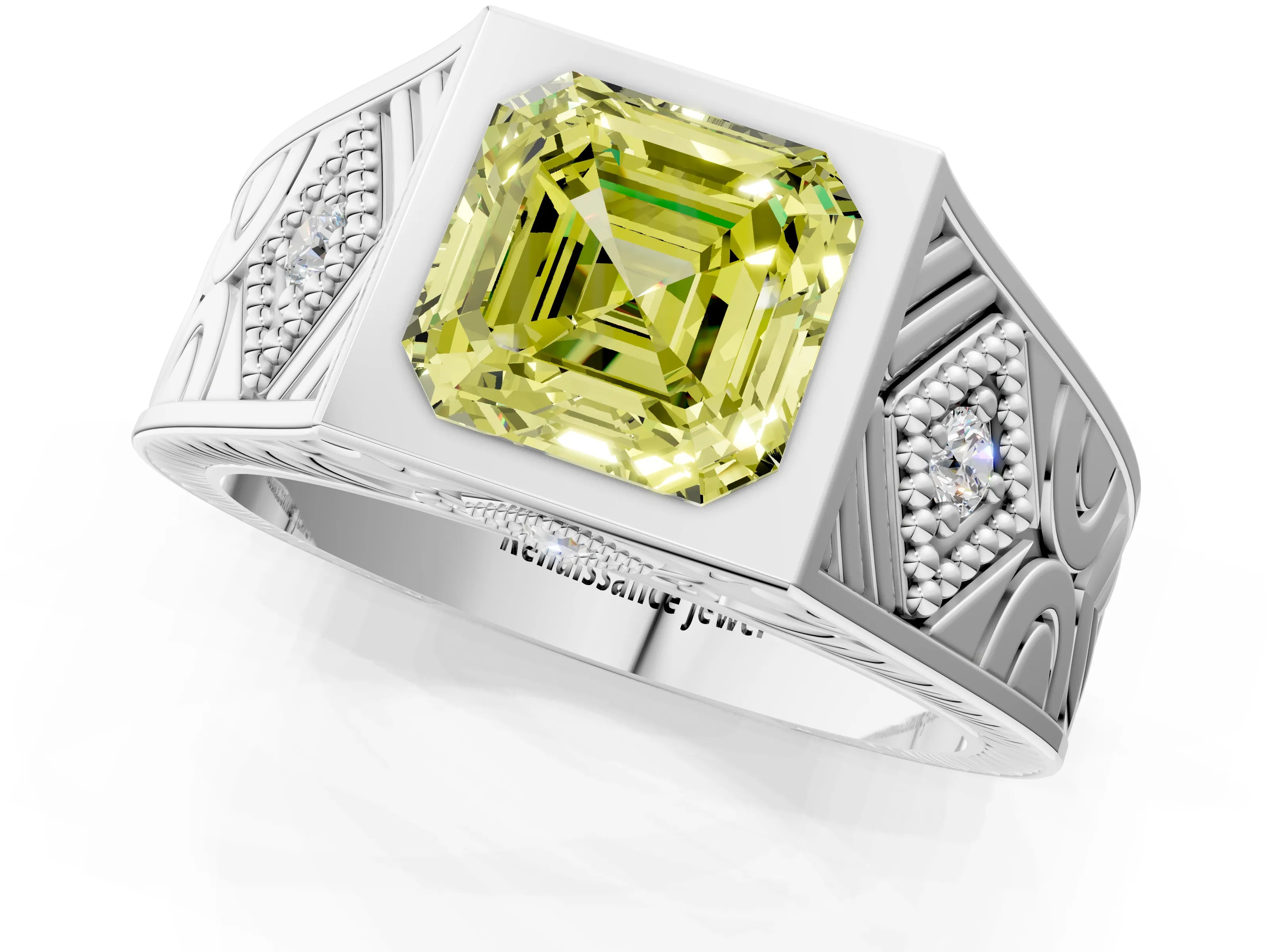 Platinum Hexagonal Bezel Fancy Yellow Asscher Cut Diamond Engraved Band Prong Ring_37