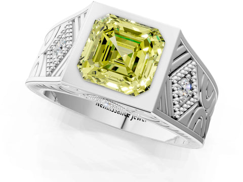 Platinum Hexagonal Bezel Fancy Yellow Asscher Cut Diamond Engraved Band Prong Ring_37