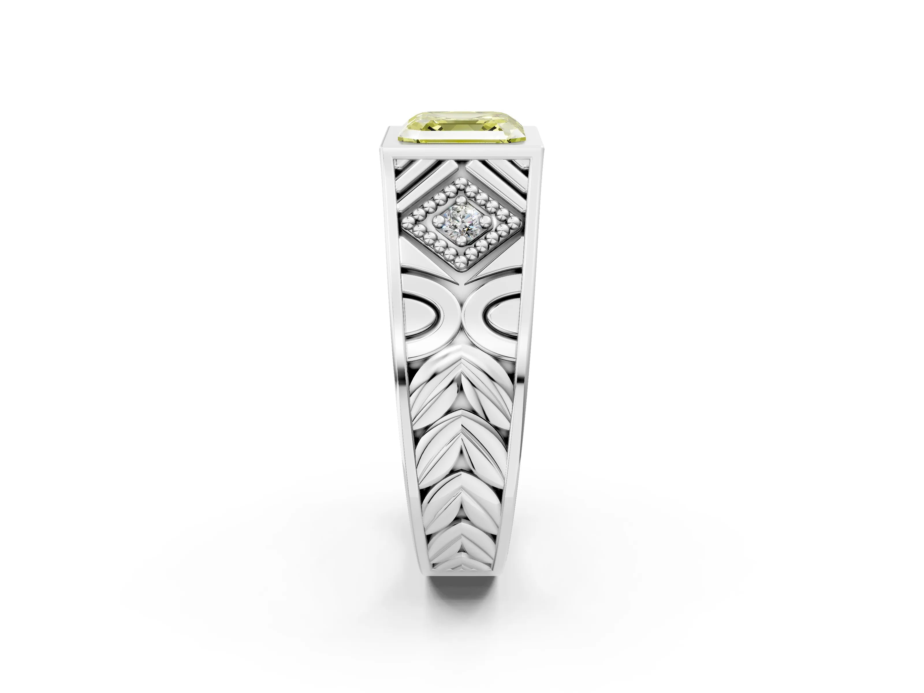 Platinum Hexagonal Bezel Fancy Yellow Asscher Cut Diamond Engraved Band Prong Ring_38