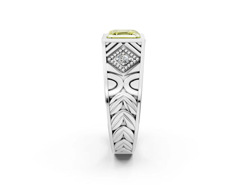 Platinum Hexagonal Bezel Fancy Yellow Asscher Cut Diamond Engraved Band Prong Ring_38
