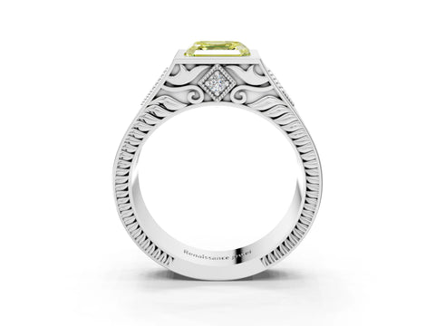 Platinum Hexagonal Bezel Fancy Yellow Asscher Cut Diamond Engraved Band Prong Ring_39