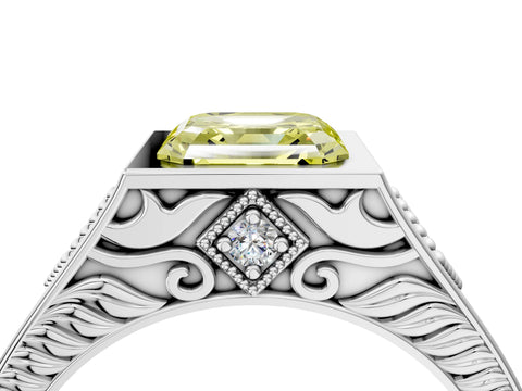 Platinum Hexagonal Bezel Fancy Yellow Asscher Cut Diamond Engraved Band Prong Ring_40