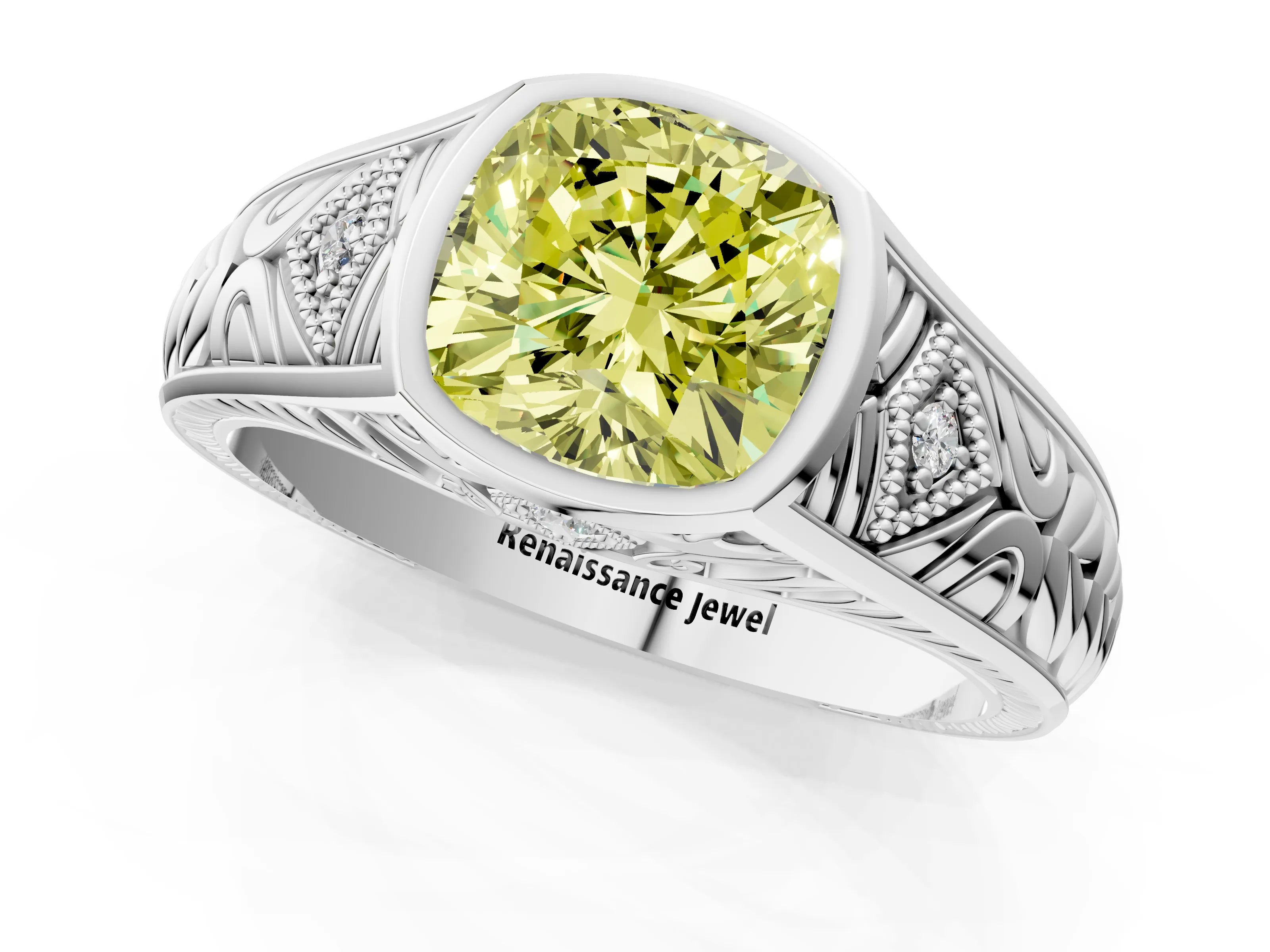 Platinum Hexagonal Bezel Fancy Yellow Cushion Cut Diamond Engraved Band Prong Ring_13