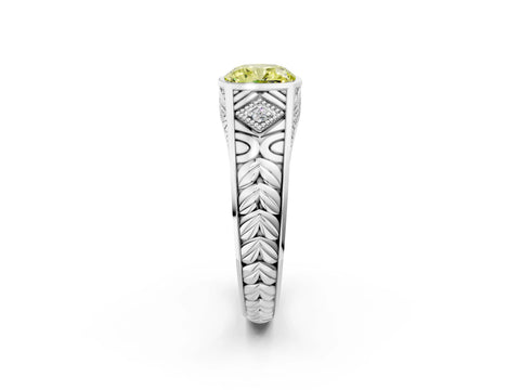 Platinum Hexagonal Bezel Fancy Yellow Cushion Cut Diamond Engraved Band Prong Ring_14