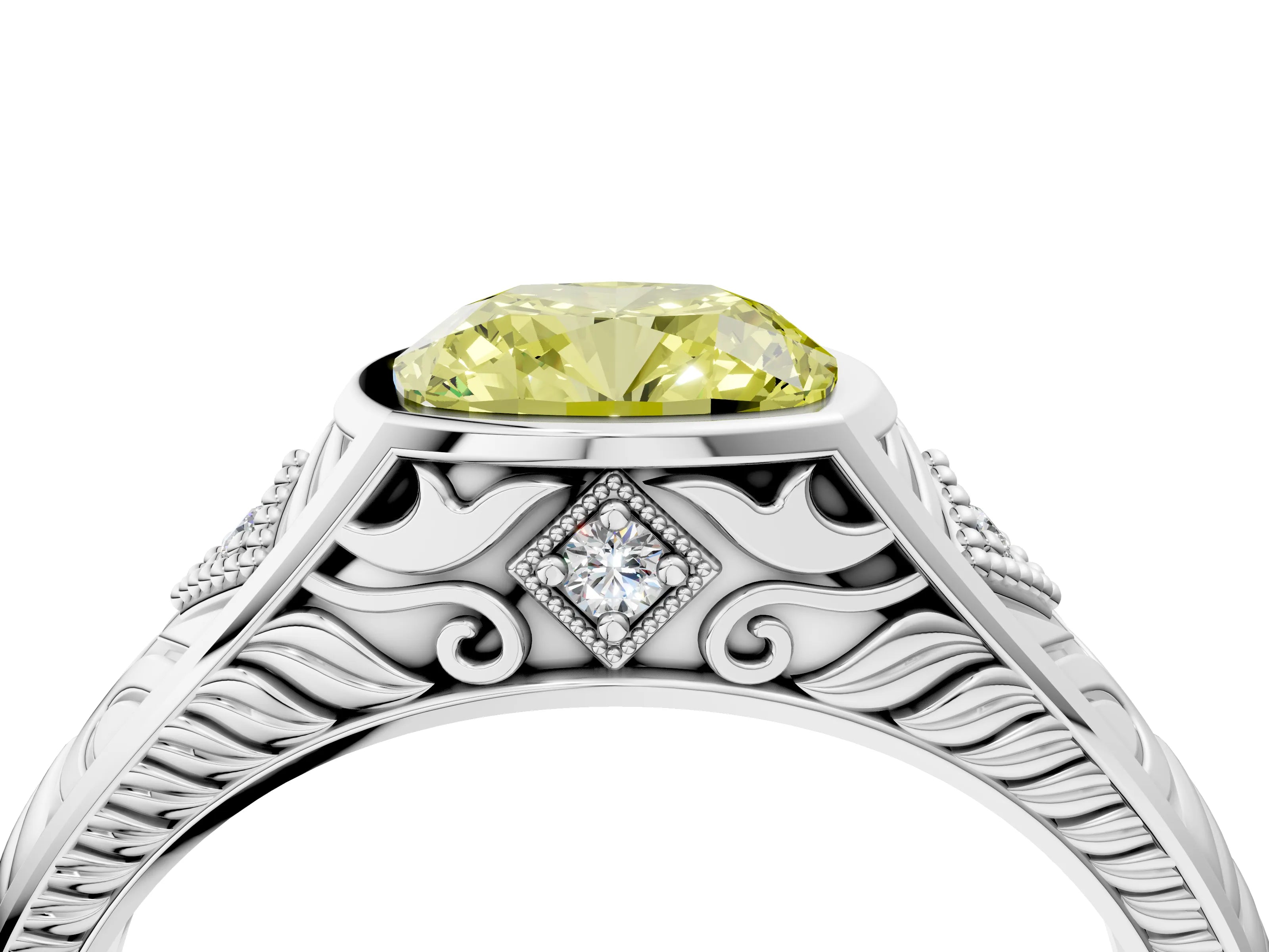 Platinum Hexagonal Bezel Fancy Yellow Cushion Cut Diamond Engraved Band Prong Ring_16