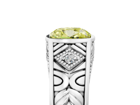 Platinum Hexagonal Bezel Fancy Yellow Cushion Cut Diamond Engraved Band Prong Ring_17