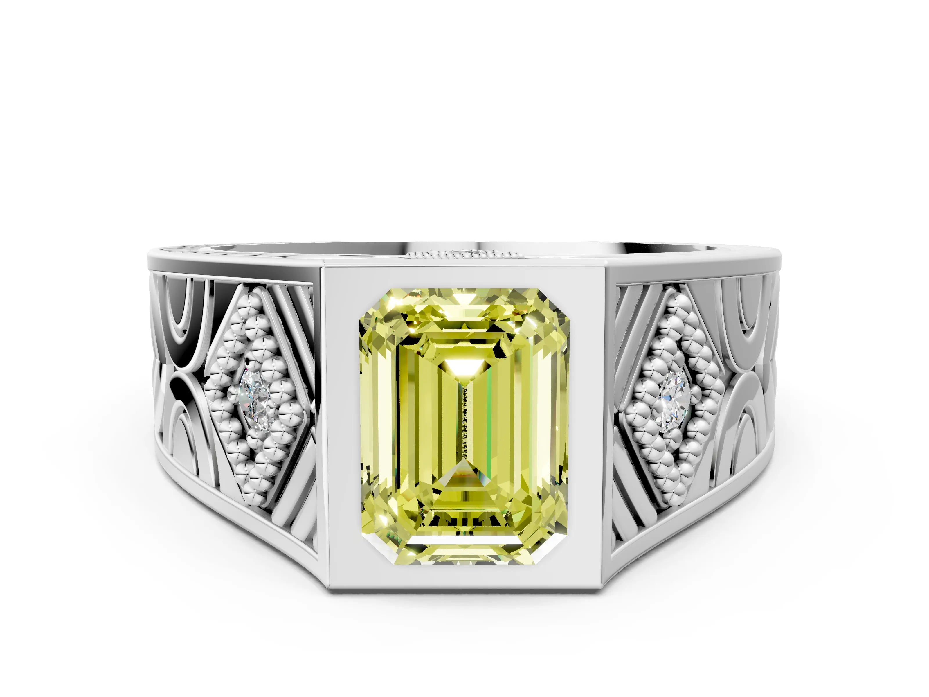 Platinum Hexagonal Bezel Fancy Yellow Emerald Cut Diamond Engraved Band Prong Ring_36