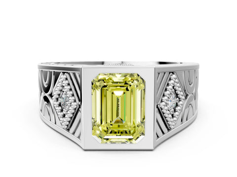 Platinum Hexagonal Bezel Fancy Yellow Emerald Cut Diamond Engraved Band Prong Ring_36