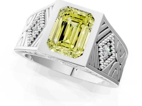 Platinum Hexagonal Bezel Fancy Yellow Emerald Cut Diamond Engraved Band Prong Ring_37