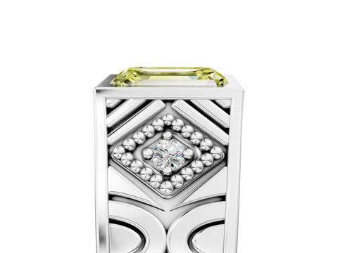 Platinum Hexagonal Bezel Fancy Yellow Emerald Cut Diamond Engraved Band Prong Ring_41