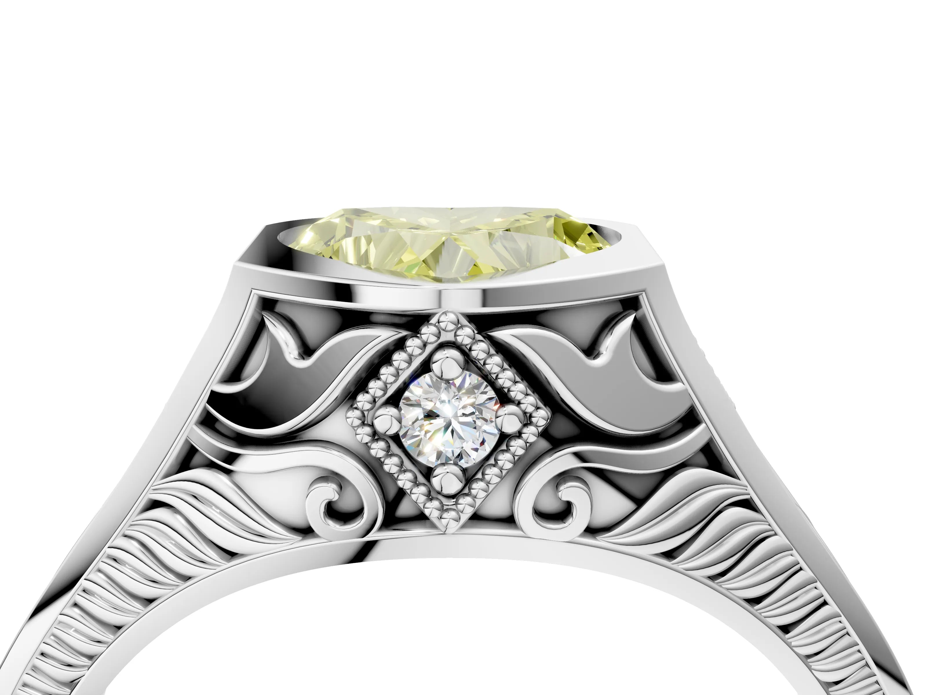 Platinum Hexagonal Bezel Fancy Yellow Heart Cut Diamond Engraved Band Prong Ring_16