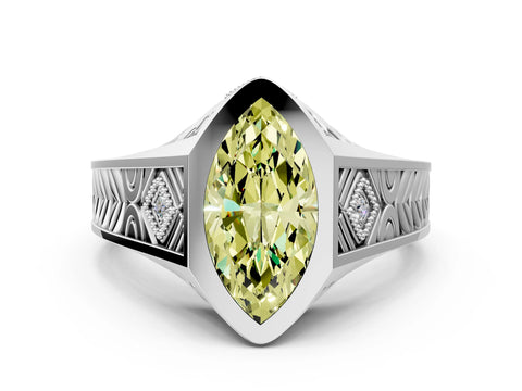 Platinum Hexagonal Bezel Fancy Yellow Marquise Cut Diamond Engraved Band Prong Ring_36