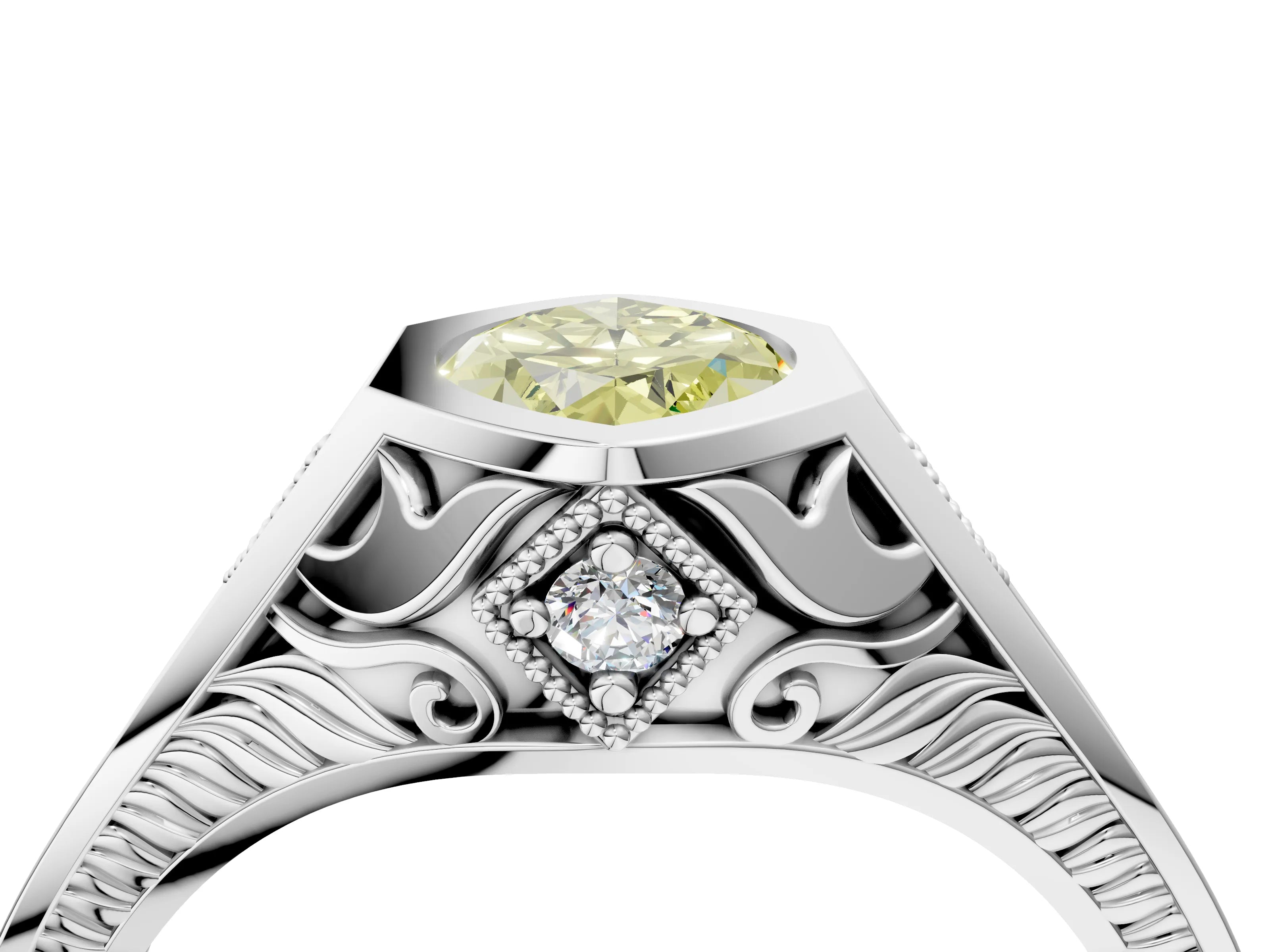 Platinum Hexagonal Bezel Fancy Yellow Marquise Cut Diamond Engraved Band Prong Ring_40