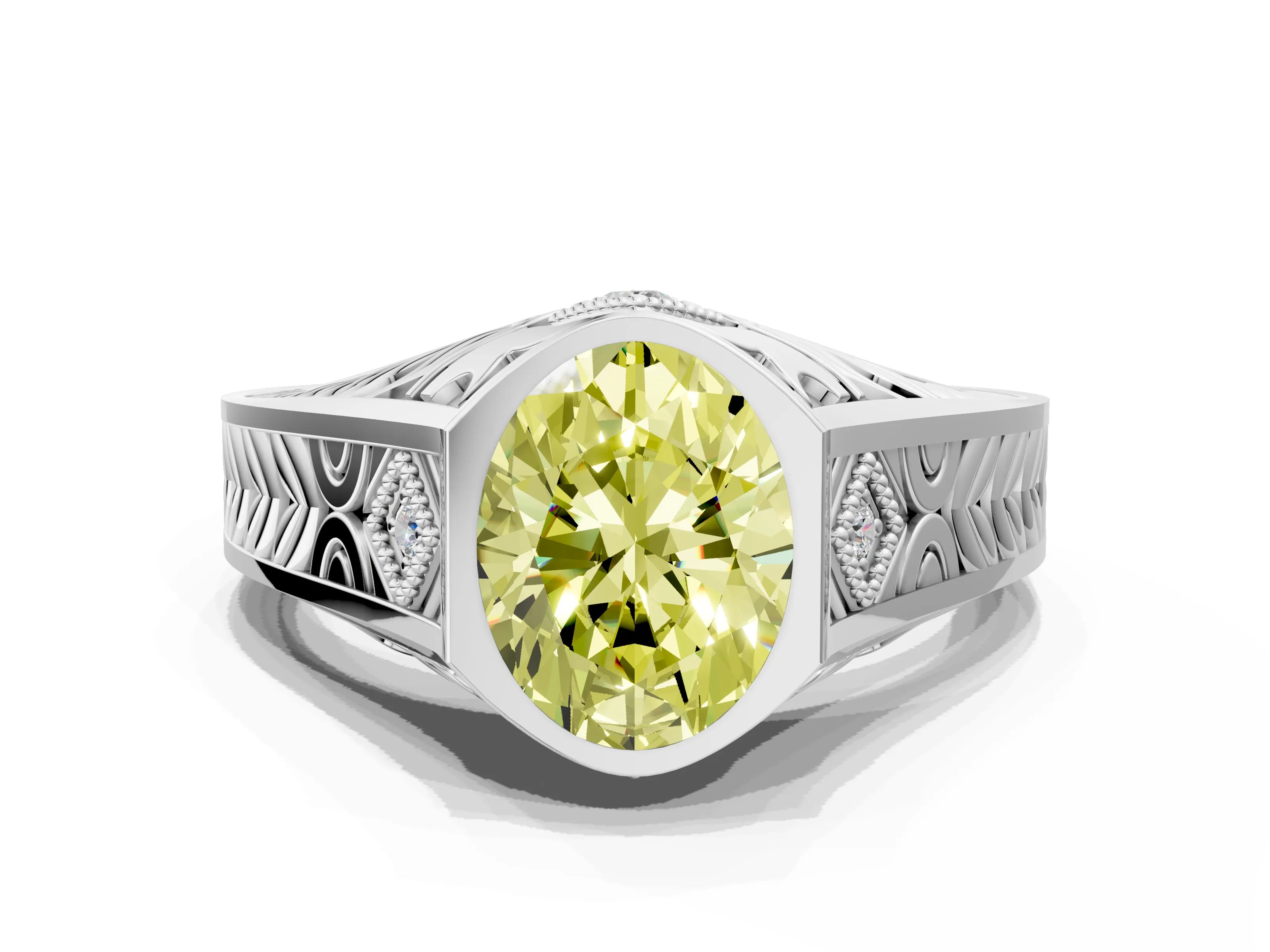 Platinum Hexagonal Bezel Fancy Yellow Oval Cut Diamond Engraved Band Prong Ring_12