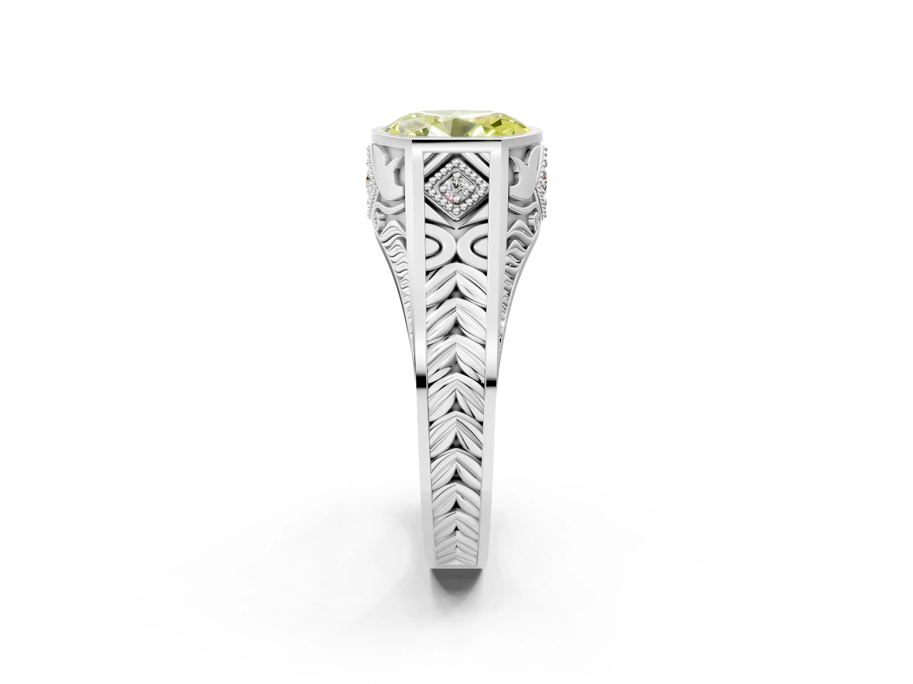 Platinum Hexagonal Bezel Fancy Yellow Oval Cut Diamond Engraved Band Prong Ring_14