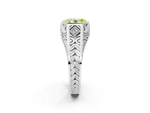 Platinum Hexagonal Bezel Fancy Yellow Oval Cut Diamond Engraved Band Prong Ring_14