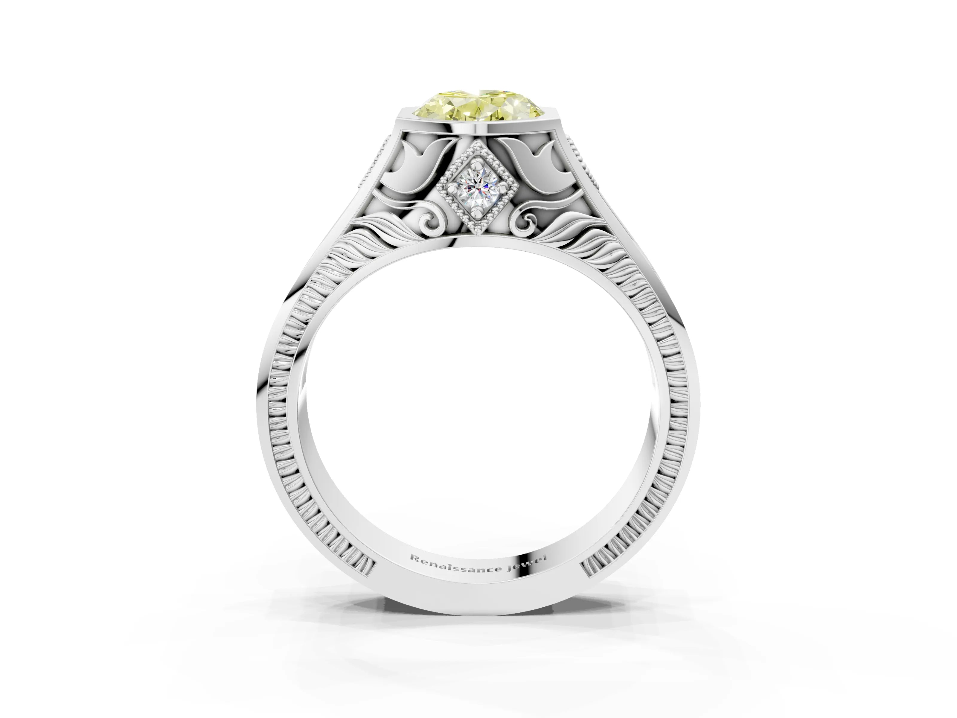 Platinum Hexagonal Bezel Fancy Yellow Oval Cut Diamond Engraved Band Prong Ring_15