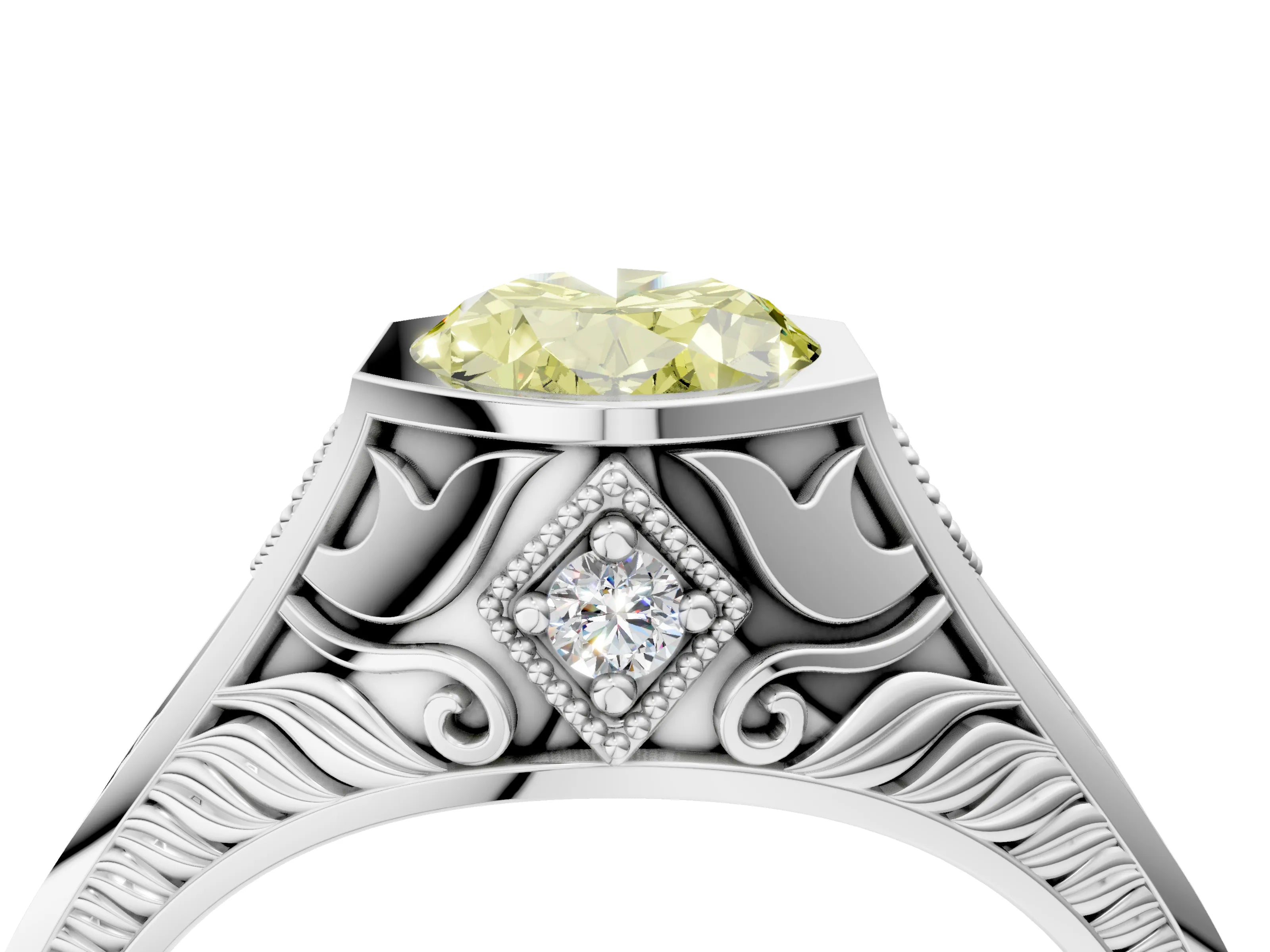 Platinum Hexagonal Bezel Fancy Yellow Oval Cut Diamond Engraved Band Prong Ring_16