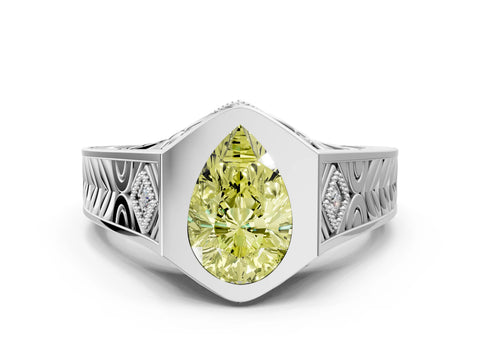 Platinum Hexagonal Bezel Fancy Yellow Pear Cut Diamond Engraved Band Prong Ring_12