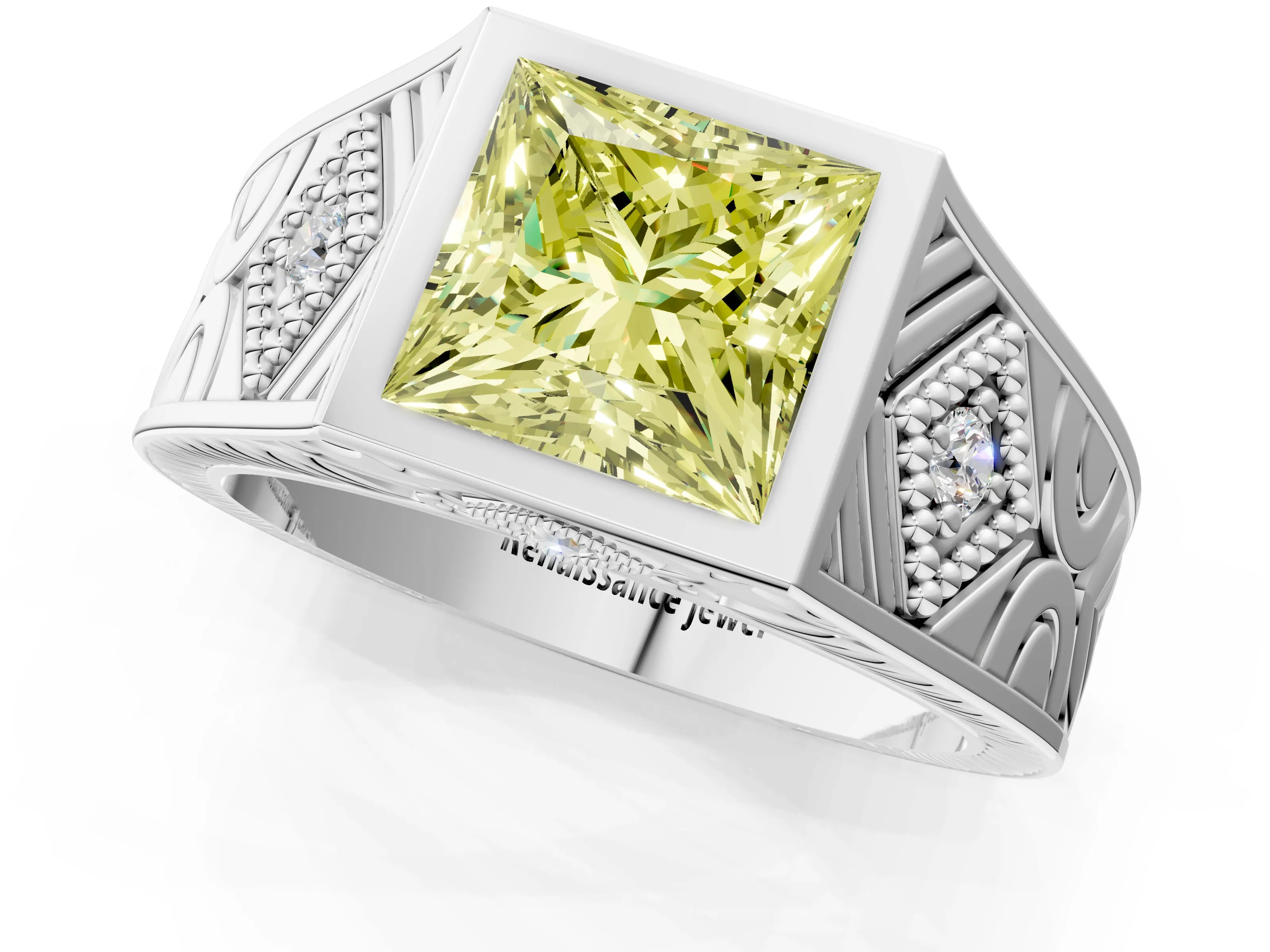 Platinum Hexagonal Bezel Fancy Yellow Princess Cut Diamond Engraved Band Prong Ring_37