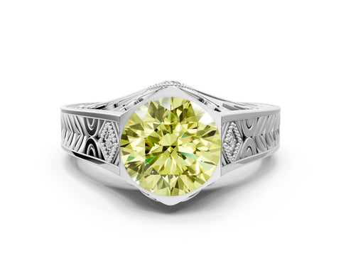 Platinum Hexagonal Bezel Fancy Yellow Round Cut Diamond Engraved Band Prong Ring_12