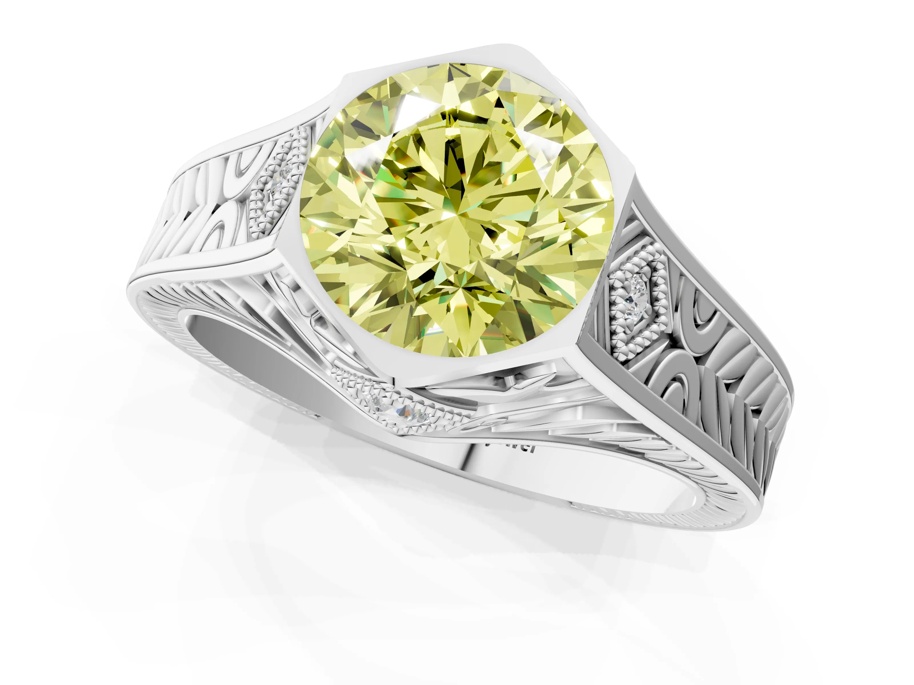 Platinum Hexagonal Bezel Fancy Yellow Round Cut Diamond Engraved Band Prong Ring_13