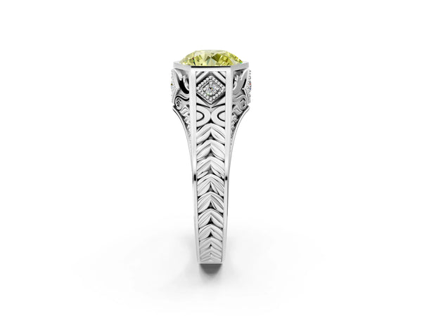 Platinum Hexagonal Bezel Fancy Yellow Round Cut Diamond Engraved Band Prong Ring